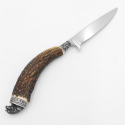 Messer mit Lederscheide Jagdmesser Hirschfänger Griff mit Endkappe Verzierung Wildschwein sitzend Länge 25cm #27.20.3.5