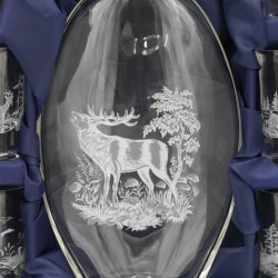 7 teiliges Schnapsset Schnaps Gläser mit Karaffe hoch Set Jagddekor Jagdmotiv weiß im Geschenke Karton