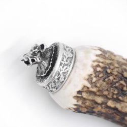 Flaschenöffner mit Hirsch Geweih Griff mit Endkappe Verzierung Wildschwein Mini Keilerkopf 13.7