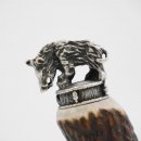 Flaschenöffner mit Hirsch Geweih Stange Hirschhorn Griff mit Endkappe Verzierung Wildschwein stehend GL 23 cm 27.19.8.34