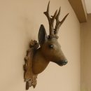 Holzkopf Rehbock antik Jahreszahl 1868 Holz Kopf Geweih geschnitztem Trophäenschild