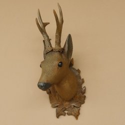 Holzkopf Rehbock antik Jahreszahl 1868 Holz Kopf Geweih geschnitztem Trophäenschild