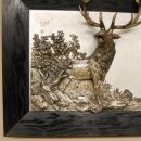 Relief Bild antik röhrender Hirsch 3D Holzrahmen von G. Bommer Werkstoff Zinn/versilbert