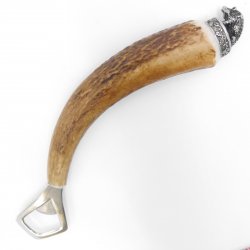 Bottle opener with deer antler rod, deer horn handle with end cap decoration, wild boar sitting, GL 21.5 cm 27.19.3.29