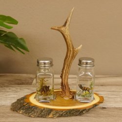 Salz + Pfeffer Streuer Menagen Set mit farbigen Jagdmotiv auf Akazienschild mit Rehbock Stange als Griff 27.40.1.8