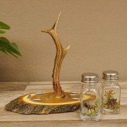 Salz + Pfeffer Streuer Menagen Set mit farbigen Jagdmotiv auf Akazienschild mit Rehbock Stange als Griff 27.40.1.8