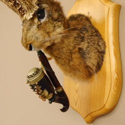 Wolpertinger Wolpi Hasenwolpi mit dunkler Pfeife Hasenbock Präparat Höhe 38 cm auf Trophäenschild