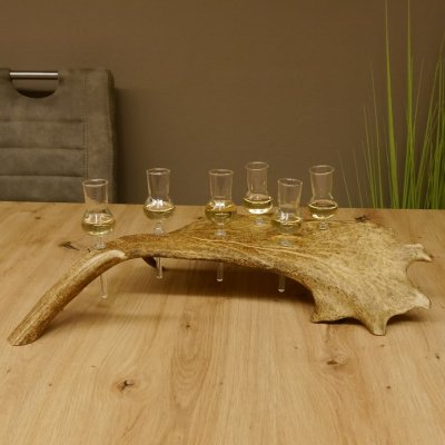 Schnapsanbieter 6 Gläser klein mit Stiel auf Damhirschstange Ständer Steckglas Set Schnaps Geschenk Neu 27.60.3.18