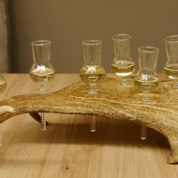 Schnapsanbieter 6 Gläser klein mit Stiel auf Damhirschstange Ständer Steckglas Set Schnaps Geschenk Neu 27.60.3.18