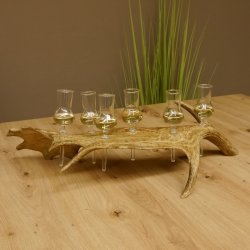 Schnapsanbieter 6 Gläser klein mit Stiel auf Damhirschstange Ständer Steckglas Set Schnaps Geschenk Neu 27.60.3.18