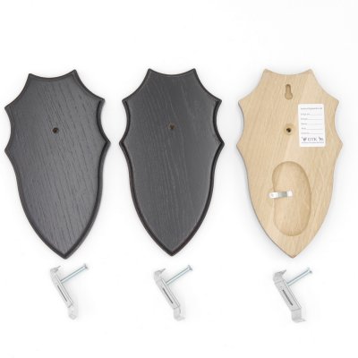 3 Trophäenschilder mit Kieferfach AF 19x10 cm Reh Schild Eiche dunkel mit Montageklammer GTK50.42.D-3+K