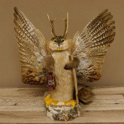 Wolpertinger Wolpi Präparat Rehgeweih Stock Flügel Laterne hellgrüne Augen Höhe 42 cm Fabelwesen Gaudi Geschenk