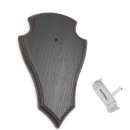 1 Stück Reh Trophäenschild Spitz klein Eiche dunkel AF 19 cm x 11 cm mit 1 Kieferfach und 1 Stück Gehörnklammer