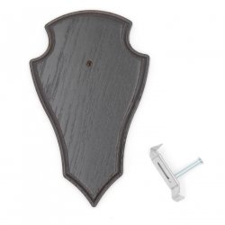 1 Stück Reh Trophäenschild Spitz klein Eiche dunkel AF 19 cm x 11 cm mit 1 Kieferfach und 1 Stück Gehörnklammer