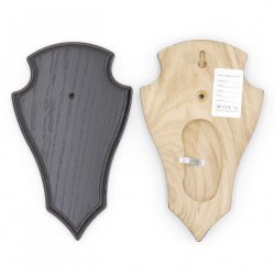 1 Stück Reh Trophäenschild Spitz klein Eiche dunkel AF 19 cm x 11 cm mit 1 Kieferfach und 1 Stück Gehörnklammer