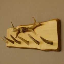 Geweih Garderobe mit 6 Haken aus Hirschspitzen auf Holzbrett 2x Rehstangen Wandgarderobe Unikat 27.8.103