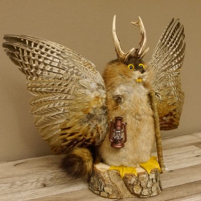 Wolpertinger Wolpi groß Bisam Präparat gelbe Augen mit Flügel Geweih Stock Laterne Höhe 36 cm Fabelwesen Gaudi Geschenk 86.14.10