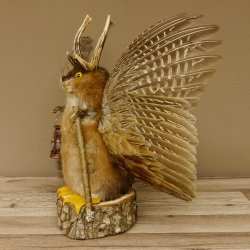 Wolpertinger Wolpi groß Bisam Präparat gelbe Augen mit Flügel Geweih Stock Laterne Höhe 36 cm Fabelwesen Gaudi Geschenk 86.14.10