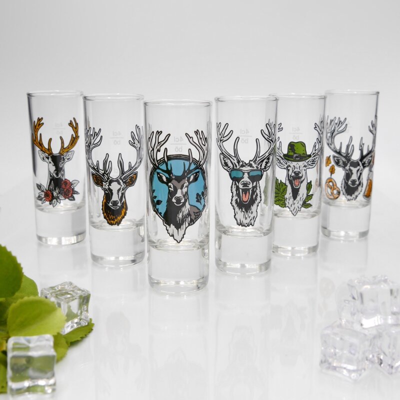 6er Set Schnapsgläser Ohne Fuß – Mundgeblasen, Mit Hirschkopf-Gravur, 4cl Fassungsvermögen