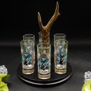Schnapsanbieter mit 6 Stk. Gläser 2cl 4cl mit Hirsch Design auf Schild SCHWARZ mit Rehstange Geschenk 7 Varianten wählbar