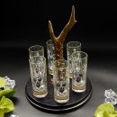Schnapsanbieter mit 6 Stk. Gläser 2cl 4cl mit Hirsch Design auf Schild SCHWARZ mit Rehstange Geschenk 7 Varianten wählbar