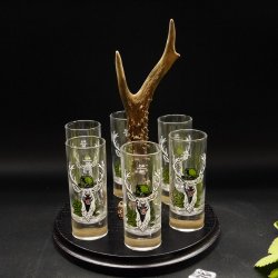 Schnapsanbieter mit 6 Stk. Gläser 2cl 4cl mit Hirsch Design auf Schild SCHWARZ mit Rehstange Geschenk 7 Varianten wählbar
