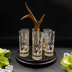 Schnapsanbieter mit 6 Stk. Gläser 2cl 4cl mit Hirsch Design auf Schild SCHWARZ mit Rehstange Geschenk 7 Varianten wählbar