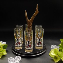 Schnapsanbieter mit 6 Stk. Gläser 2cl 4cl mit Hirsch Design auf Schild SCHWARZ mit Rehstange Geschenk 7 Varianten wählbar