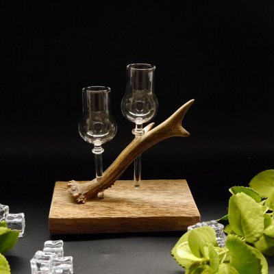 Schnapsanbieter 2 Steckgläser klein mit Stil Gläser rustikales Holz Rehstange Ständer Set Schnaps Geschenk Neu