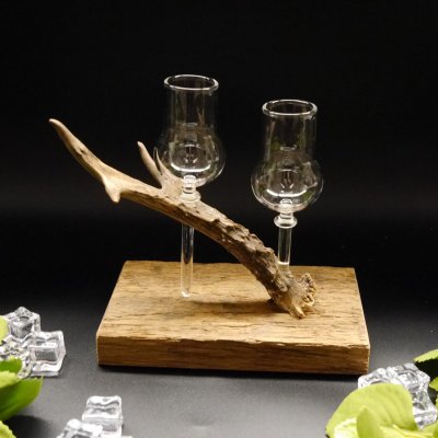 Schnapsanbieter 2 Steckgläser klein mit Stil Gläser rustikales Holz Rehstange Ständer Set Schnaps Geschenk Neu 27.60.8