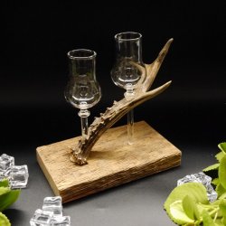 Schnapsanbieter 2 Steckgläser klein mit Stil Gläser rustikales Holz Rehstange Ständer Set Schnaps Geschenk Neu 27.60.8