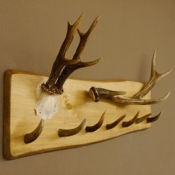 Geweih Garderobe mit 7 Haken aus Hirschspitzen auf Holzbrett Rehgeweih Rothirsch Stange Wandgarderobe Unikat 27.8.110