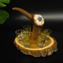 Schnaps Anbieter auf Akazieschild Schnapsbrett H17 cm Rothirsch Stange Griff mit 6 Stück Gläser bunt Jagdmotiv Tier Motiv