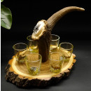 Schnaps Anbieter auf Akazieschild Schnapsbrett H17 cm Rothirsch Stange Griff mit 6 Stück Gläser bunt Jagdmotiv Tier Motiv