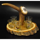 Schnaps Anbieter auf Akazieschild Schnapsbrett H17 cm Rothirsch Stange Griff mit 6 Stück Gläser bunt Jagdmotiv Tier Motiv