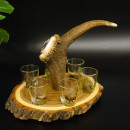 Schnaps Anbieter auf Akazieschild Schnapsbrett H17 cm Rothirsch Stange Griff mit 6 Stück Gläser bunt Jagdmotiv Tier Motiv