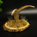Schnaps Anbieter auf Akazieschild Schnapsbrett H17 cm Rothirsch Stange Griff mit 6 Stück Gläser bunt Jagdmotiv Tier Motiv