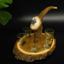 Schnaps Anbieter auf Akazieschild Schnapsbrett H17 cm Rothirsch Stange Griff mit 6 Stück Gläser bunt Jagdmotiv Tier Motiv