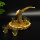 Schnaps Anbieter auf Akazieschild Schnapsbrett H17 cm Rothirsch Stange Griff mit 6 Stück Gläser bunt Jagdmotiv Tier Motiv