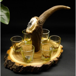 Schnaps Anbieter auf Akazieschild Schnapsbrett H17 cm Rothirsch Stange Griff mit 6 Stück Gläser bunt Jagdmotiv Tier Motiv
