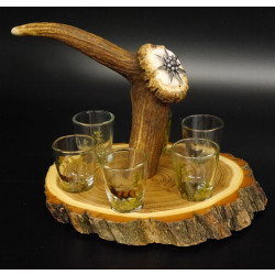 Schnaps Anbieter auf Akazieschild Schnapsbrett H17 cm Rothirsch Stange Griff mit 6 Stück Gläser bunt Jagdmotiv Tier Motiv
