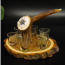 Schnaps Anbieter auf Akazieschild Schnapsbrett H17 cm Rothirsch Stange Griff mit 6 Stück Gläser bunt Jagdmotiv Tier Motiv 27.7.3.7