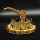 Schnaps Anbieter auf Akazieschild Schnapsbrett H17 cm Rothirsch Stange Griff mit 6 Stück Gläser bunt Jagdmotiv Tier Motiv 27.7.3.7