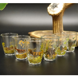 Schnaps Anbieter auf Akazieschild Schnapsbrett H17 cm Rothirsch Stange Griff mit 6 Stück Gläser bunt Jagdmotiv Tier Motiv 27.7.3.7
