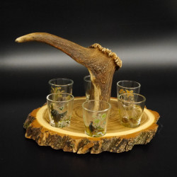 Schnaps Anbieter auf Akazieschild Schnapsbrett H17 cm Rothirsch Stange Griff mit 6 Stück Gläser bunt Jagdmotiv Tier Motiv 27.7.3.7