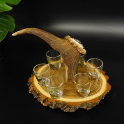 Schnaps Anbieter auf Akazieschild Schnapsbrett H17 cm Rothirsch Stange Griff mit 6 Stück Gläser bunt Jagdmotiv Tier Motiv 27.7.3.7