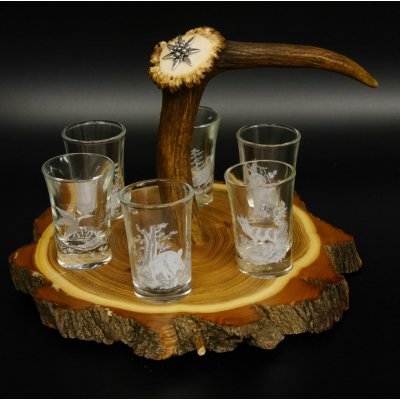 Schnaps Anbieter auf Akazieschild Schnapsbrett H17 cm Rothirsch Stange Griff mit 6 Stück Gläser weiß hoch Jagdmotiv Tier Motiv 27.7.3.8