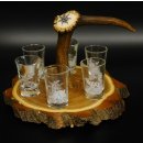 Schnaps Anbieter auf Akazieschild Schnapsbrett H17 cm Rothirsch Stange Griff mit 6 Stück Gläser weiß hoch Jagdmotiv Tier Motiv 27.7.3.8