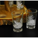 Schnaps Anbieter auf Akazieschild Schnapsbrett H17 cm Rothirsch Stange Griff mit 6 Stück Gläser weiß hoch Jagdmotiv Tier Motiv 27.7.3.8
