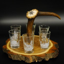 Schnaps Anbieter auf Akazieschild Schnapsbrett H17 cm Rothirsch Stange Griff mit 6 Stück Gläser weiß hoch Jagdmotiv Tier Motiv 27.7.3.8